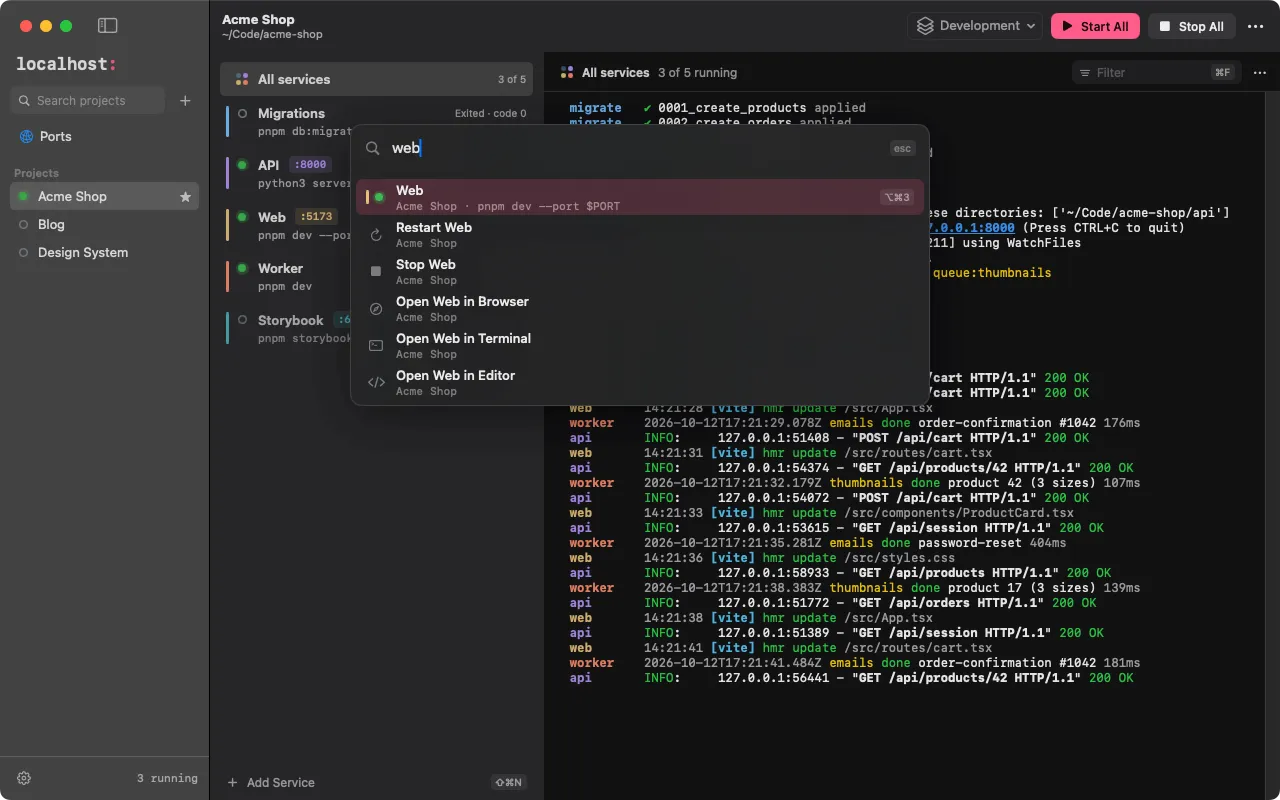 The ⌘K command palette searching “web”: jump to the Web Service, or restart, stop or open it