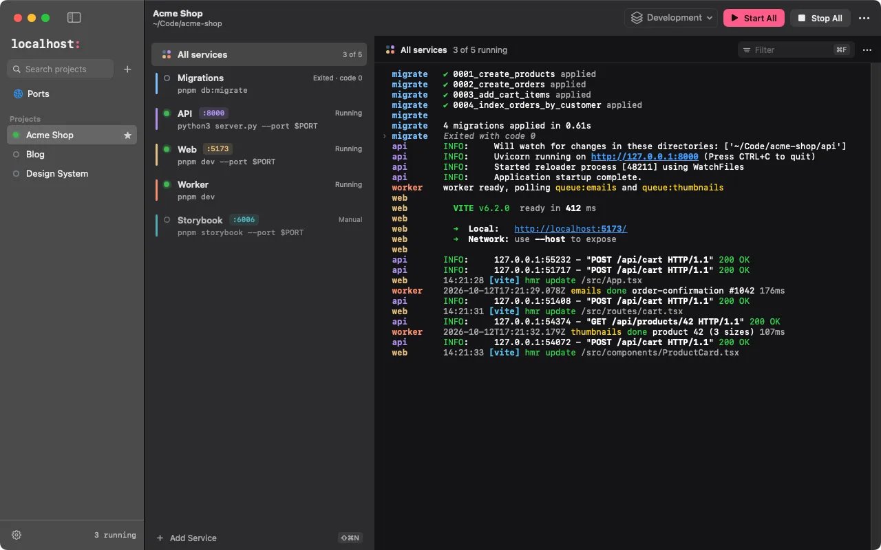The localhost window: the Acme Shop Project with its Services (Migrations exited, API, Web and Worker running, Storybook manual) and their merged log
