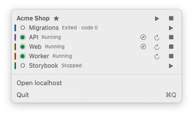 The menu bar panel: Acme Shop’s Services with their states and Start, Restart, Stop and Open in Browser buttons